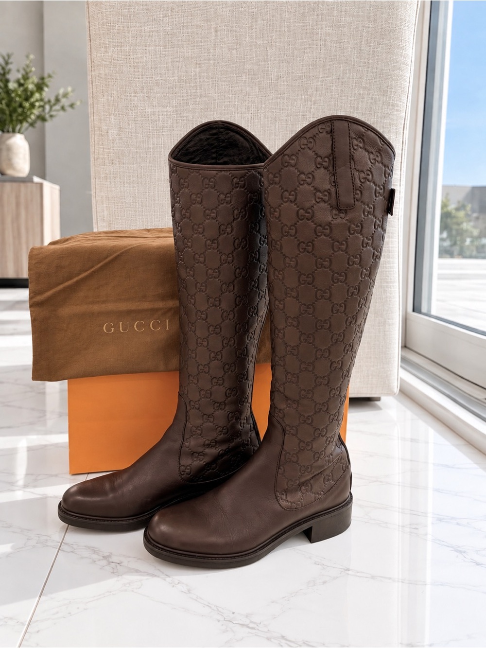 Gucci Guccissima Miro Soft Knee-High Riding Boots Chocolate Brown monogram logo